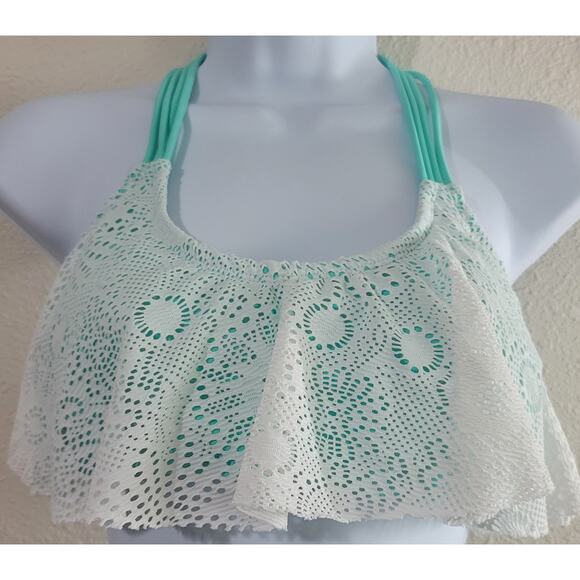 Trillium Teal White Lace Flounce Halter Bikini Top Medium Pull On Stretchy Strap - Picture 1 of 5